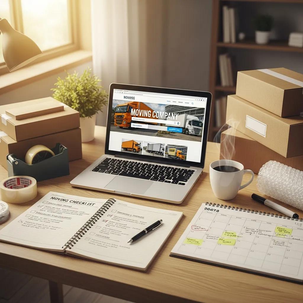 Organized workspace featuring a laptop displaying a moving company website, a moving checklist notebook, calendar, coffee cup, packing boxes, and tape, illustrating planning for a long-distance move.