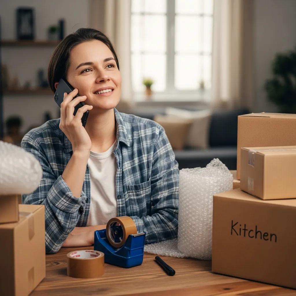 Person on phone smiling while planning a move, surrounded by moving boxes, packing tape, and bubble wrap, illustrating the process of obtaining a guaranteed price quote from Skinner Moving & Storage.