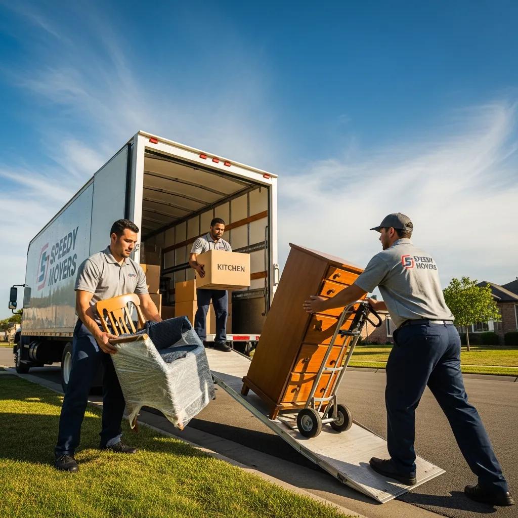 Professional movers loading a truck with boxes labeled 'Kitchen' and furniture, illustrating full-service moving solutions for long-distance relocations.