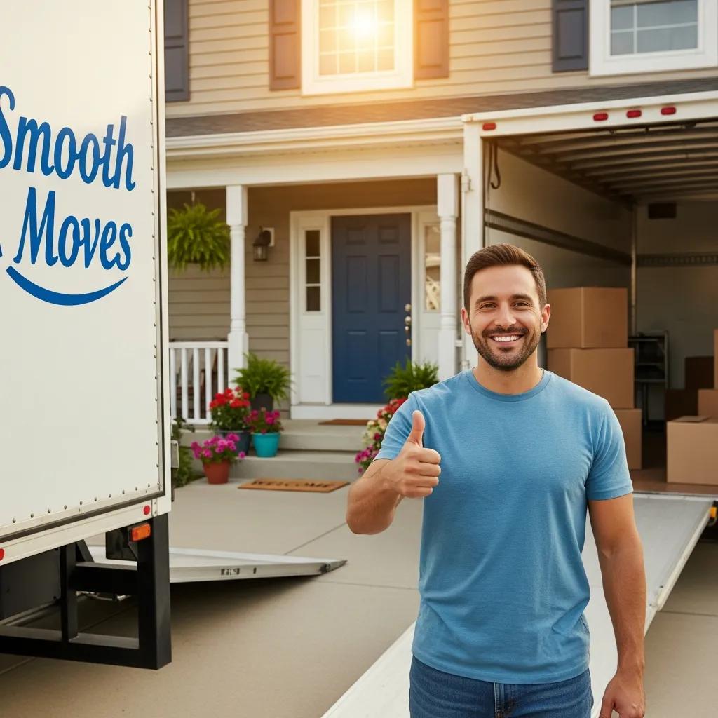 Satisfied customer giving a thumbs up next to a moving truck, representing positive testimonials for moving services