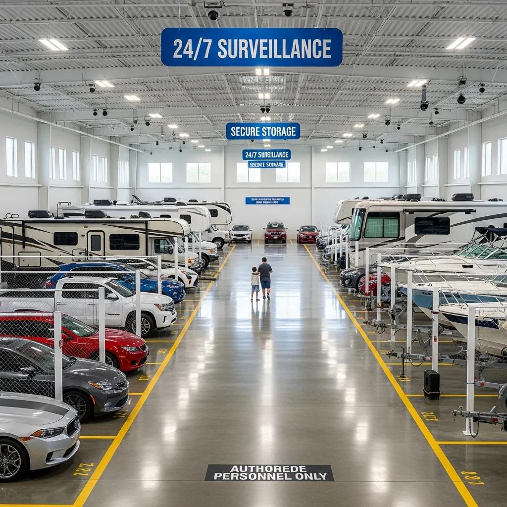 Secure vehicle storage area in Arlington, VA, showcasing cars, RVs, and boats in a monitored facility