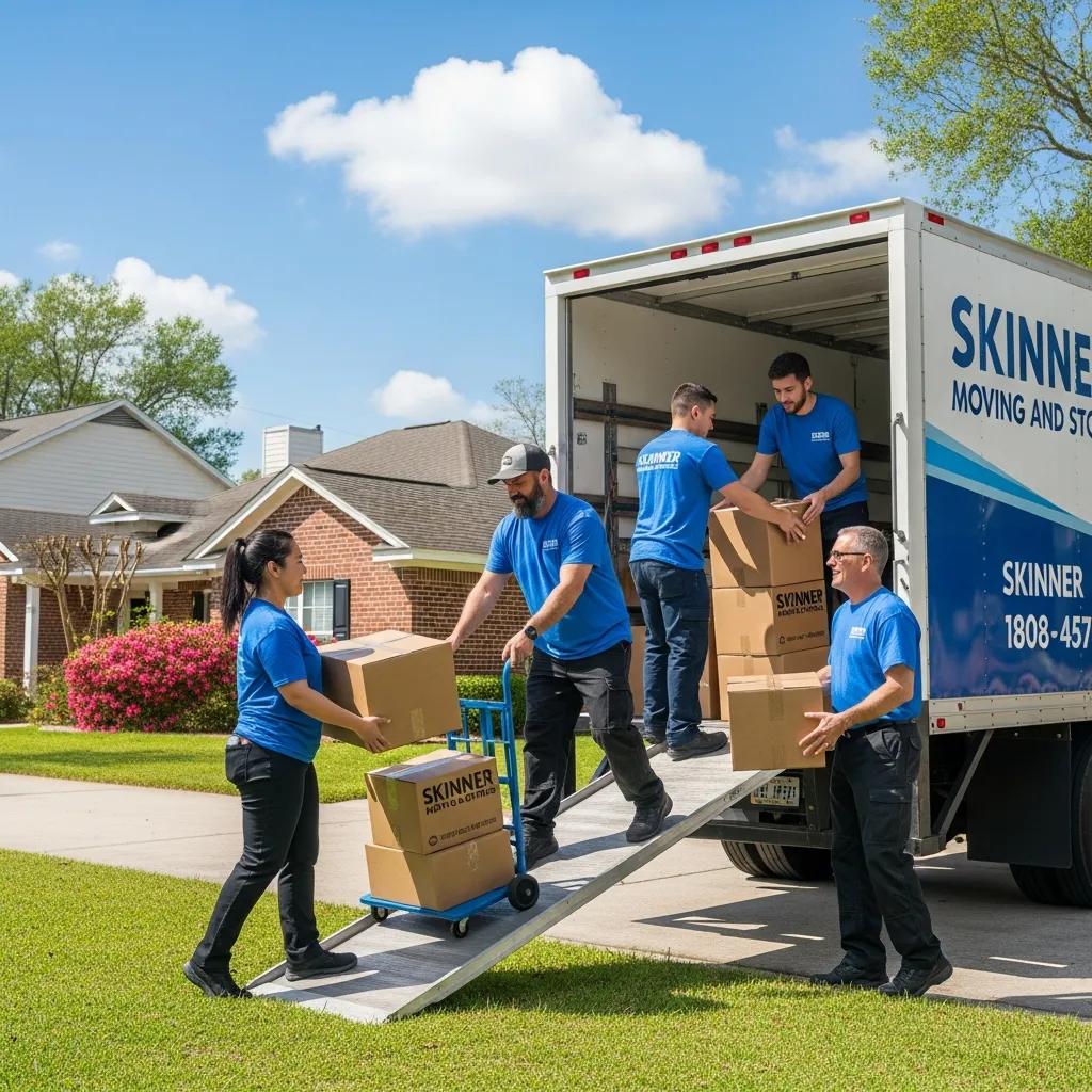 Skinner Moving and Storage team loading boxes into a truck during a local move, showcasing professionalism and teamwork in Southside Jacksonville.