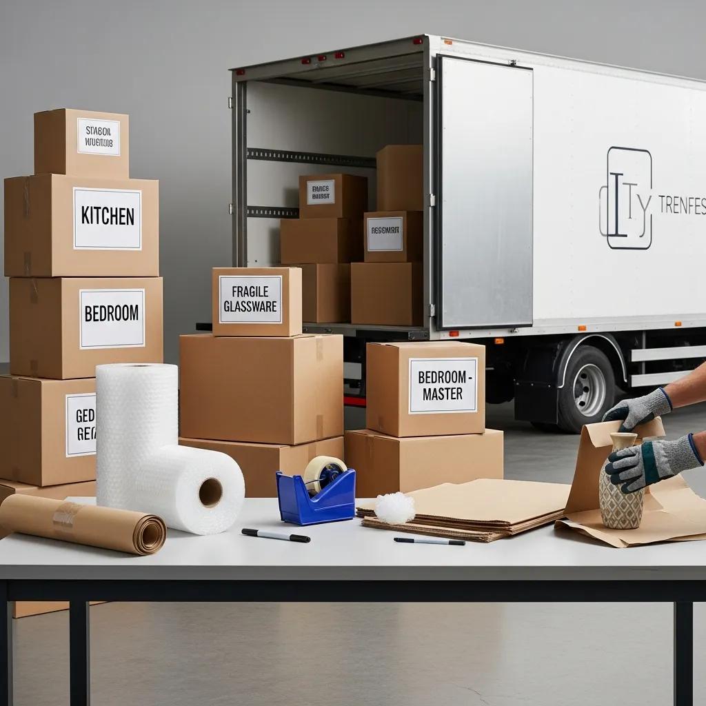 Well-organized packing area with boxes and packing materials, illustrating professional packing services for local moves