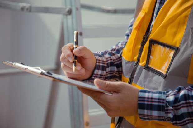 Worker in safety vest inspecting items with clipboard, emphasizing quality control for Jacksonville white glove delivery services.