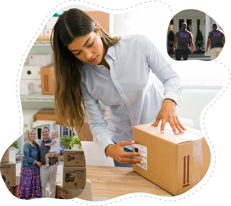 Woman packing a moving box in a well-organized space, with professional movers in the background, emphasizing Skinner Moving & Storage's intrastate moving services in Florida.