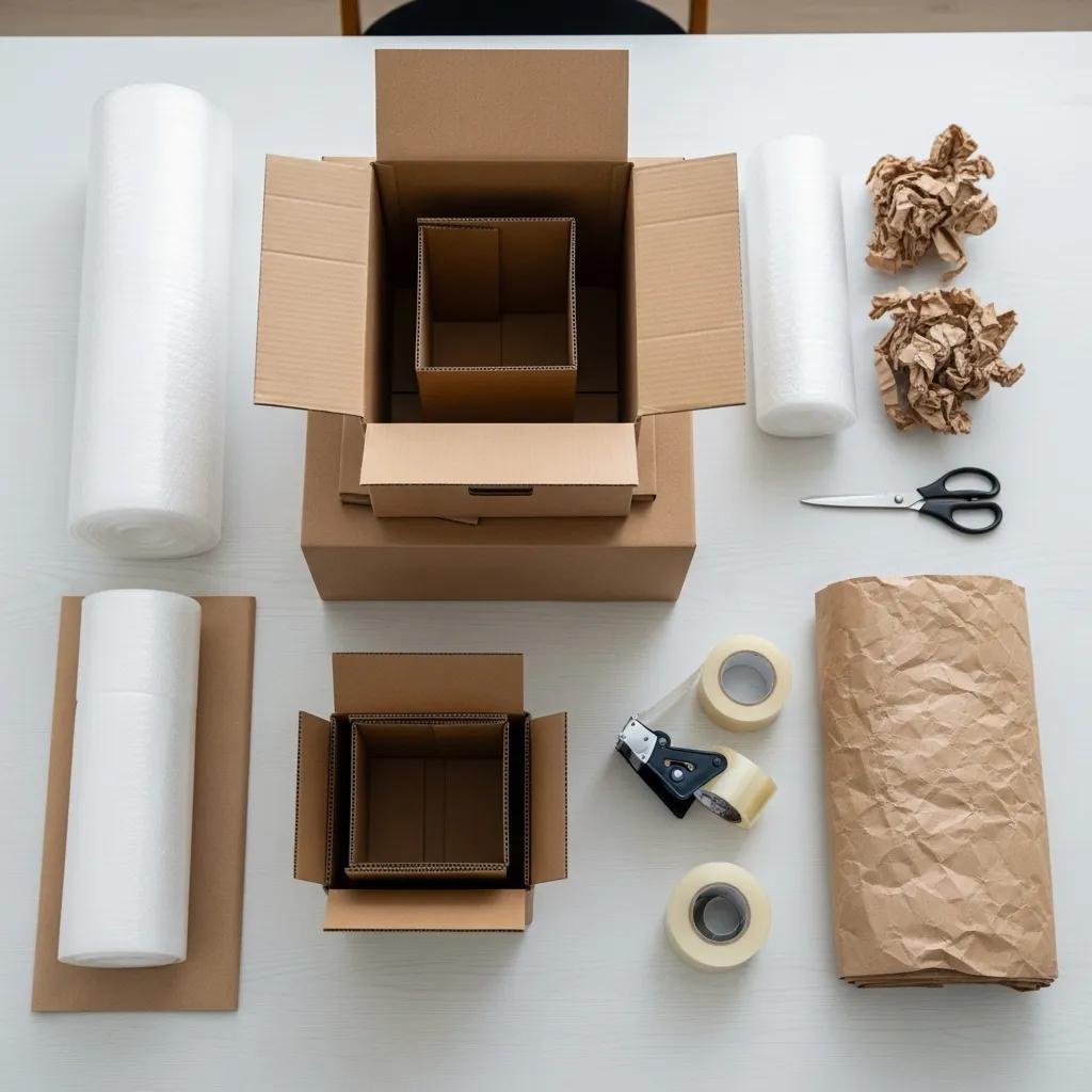 Display of packing materials including boxes, bubble wrap, and tape, highlighting the supplies provided by movers