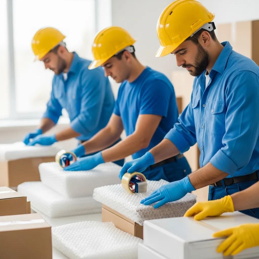 Expert movers using bubble wrap and packing tape to secure fragile items, demonstrating safe packing techniques