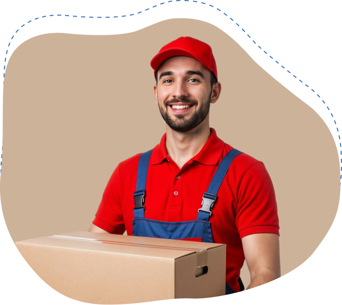 Smiling local mover in red uniform holding a cardboard box, representing professional moving services offered by Skinner Moving & Storage in Jacksonville.