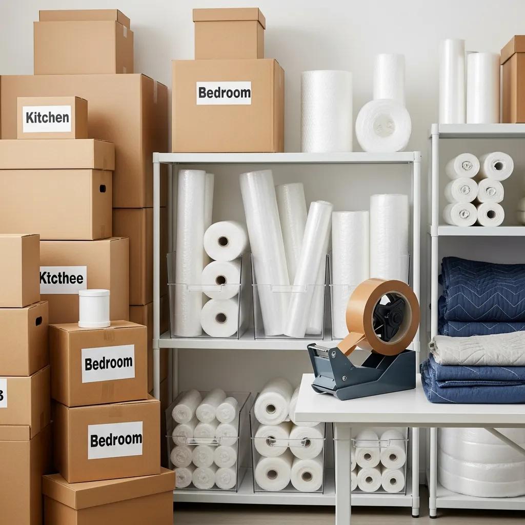 Organized packing supplies for a same day move, illustrating effective packing and storage options