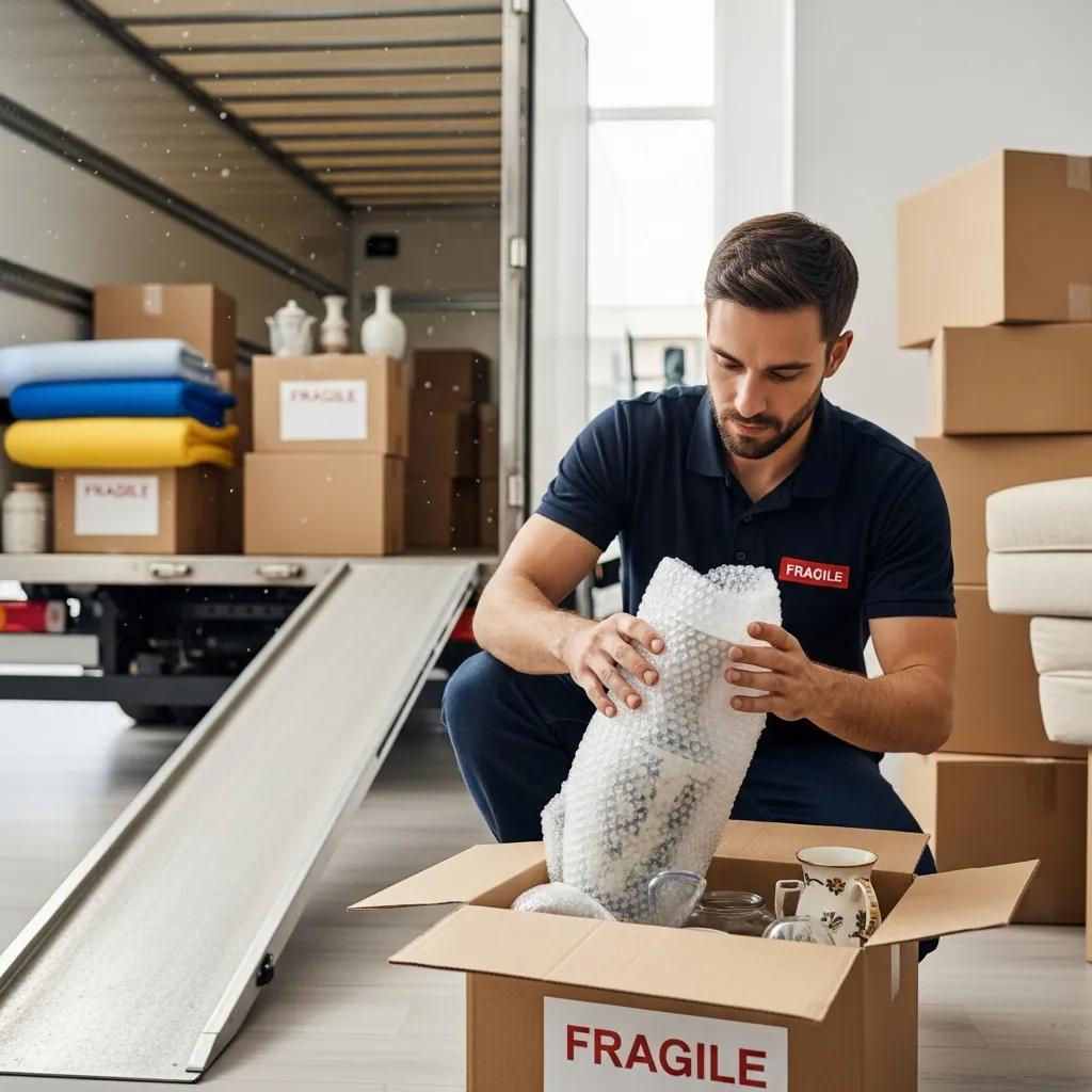 Professional mover packing fragile items, highlighting the advantages of emergency moving services