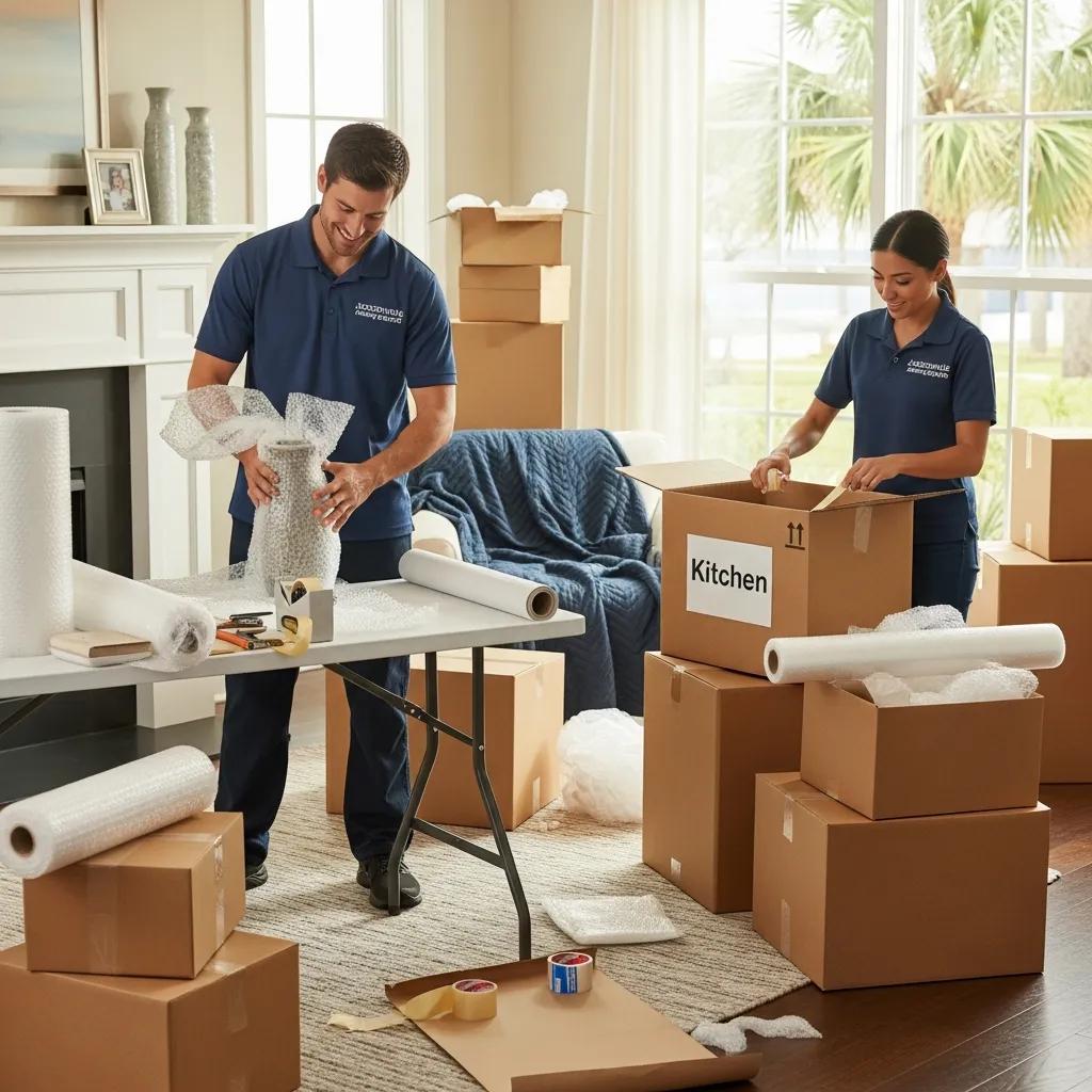 Professional movers packing boxes in a bright living room, showcasing expert packing services in Jacksonville