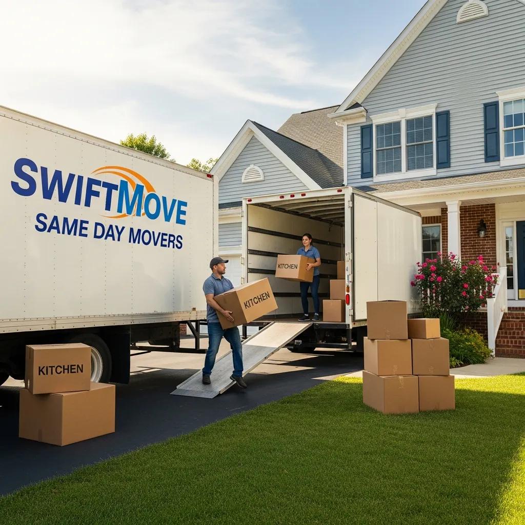Same day movers loading a truck in front of a home, symbolizing urgent and reliable moving services