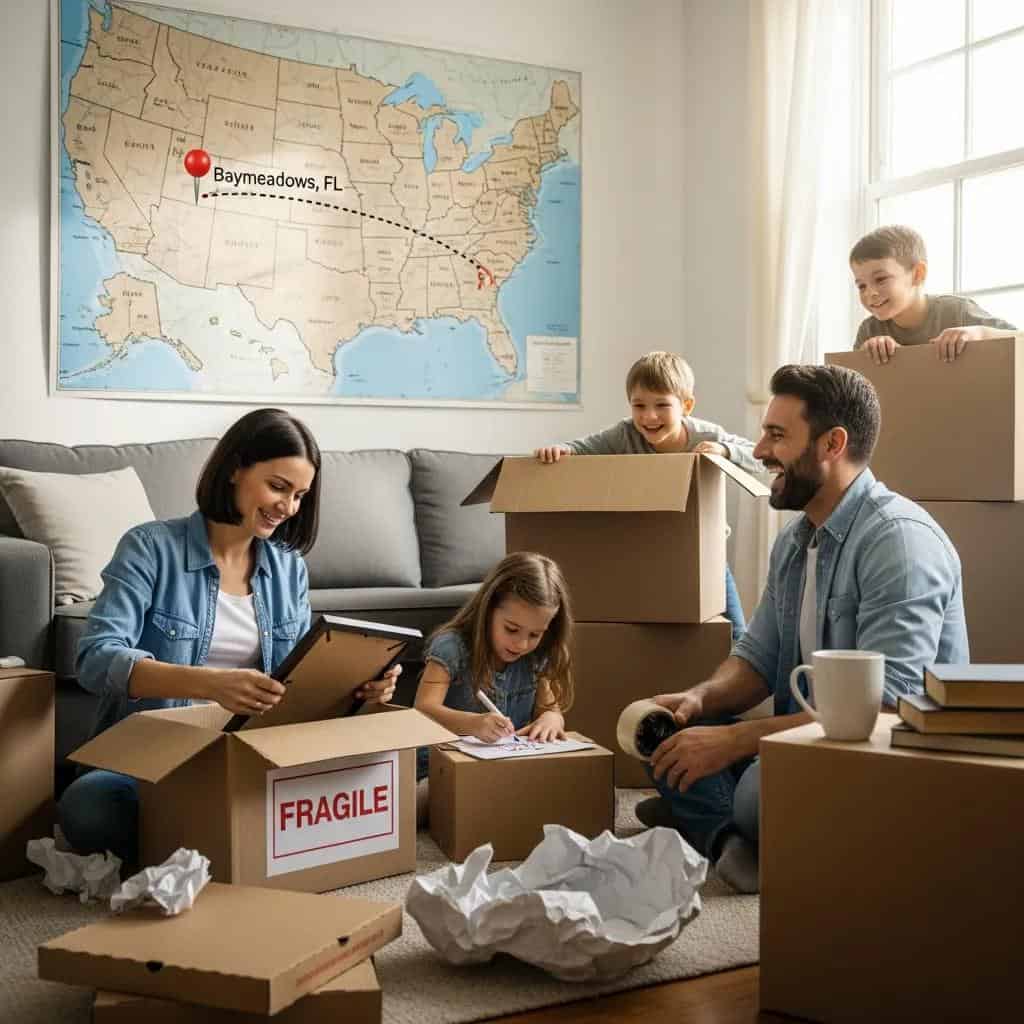 A family packing fragile moving boxes in their living room with a US map on the wall showing a long distance move route pinned to Baymeadows, Florida