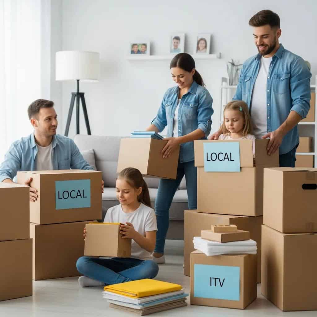 A smiling family of four packing and organizing labeled local moving boxes together in a bright white living room