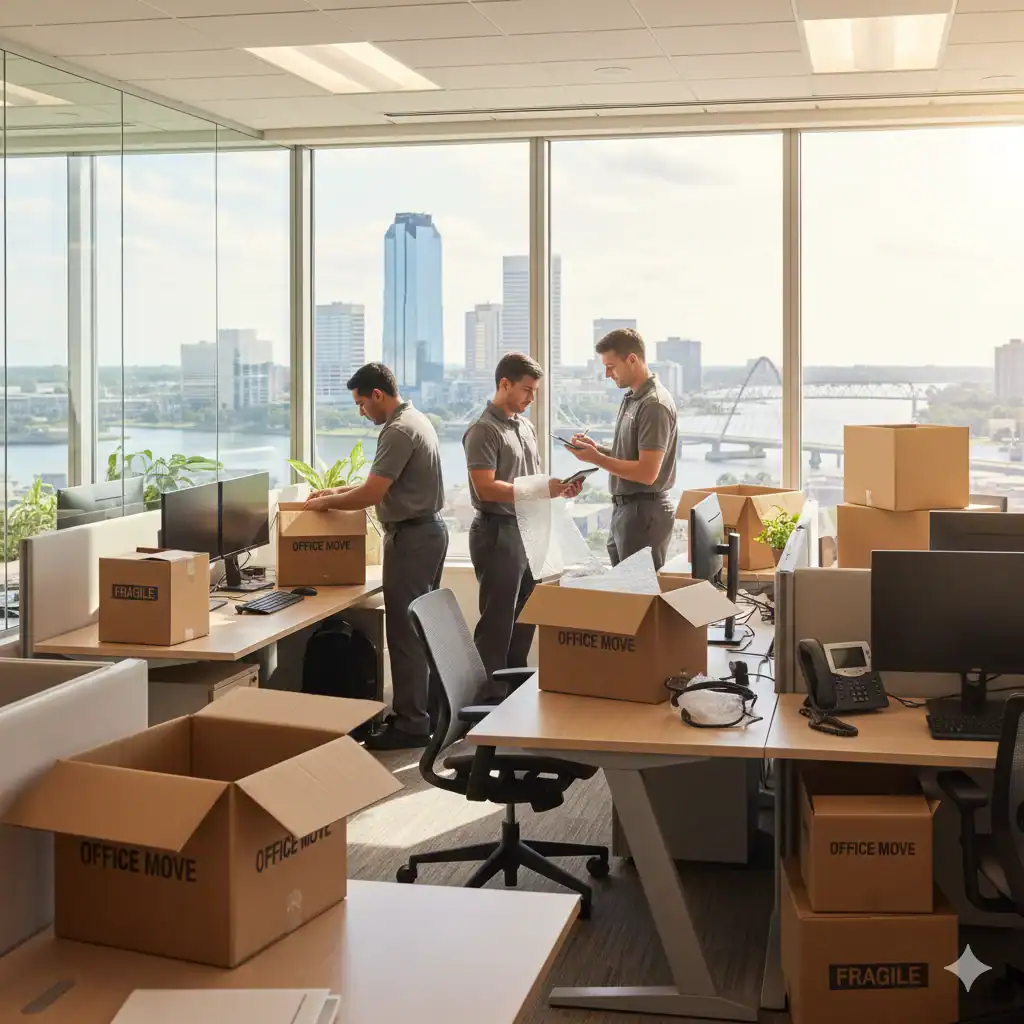 Three professional movers packing office move boxes and equipment in a high-rise office with floor-to-ceiling windows overlooking the Jacksonville skyline and St. Johns River
